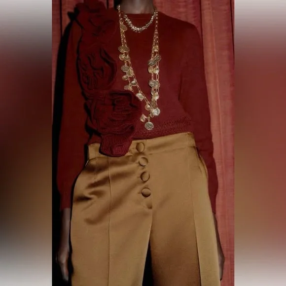 Zara Satin Effect Caramel Wide Leg Trouser Pants - Picture 1 of 3